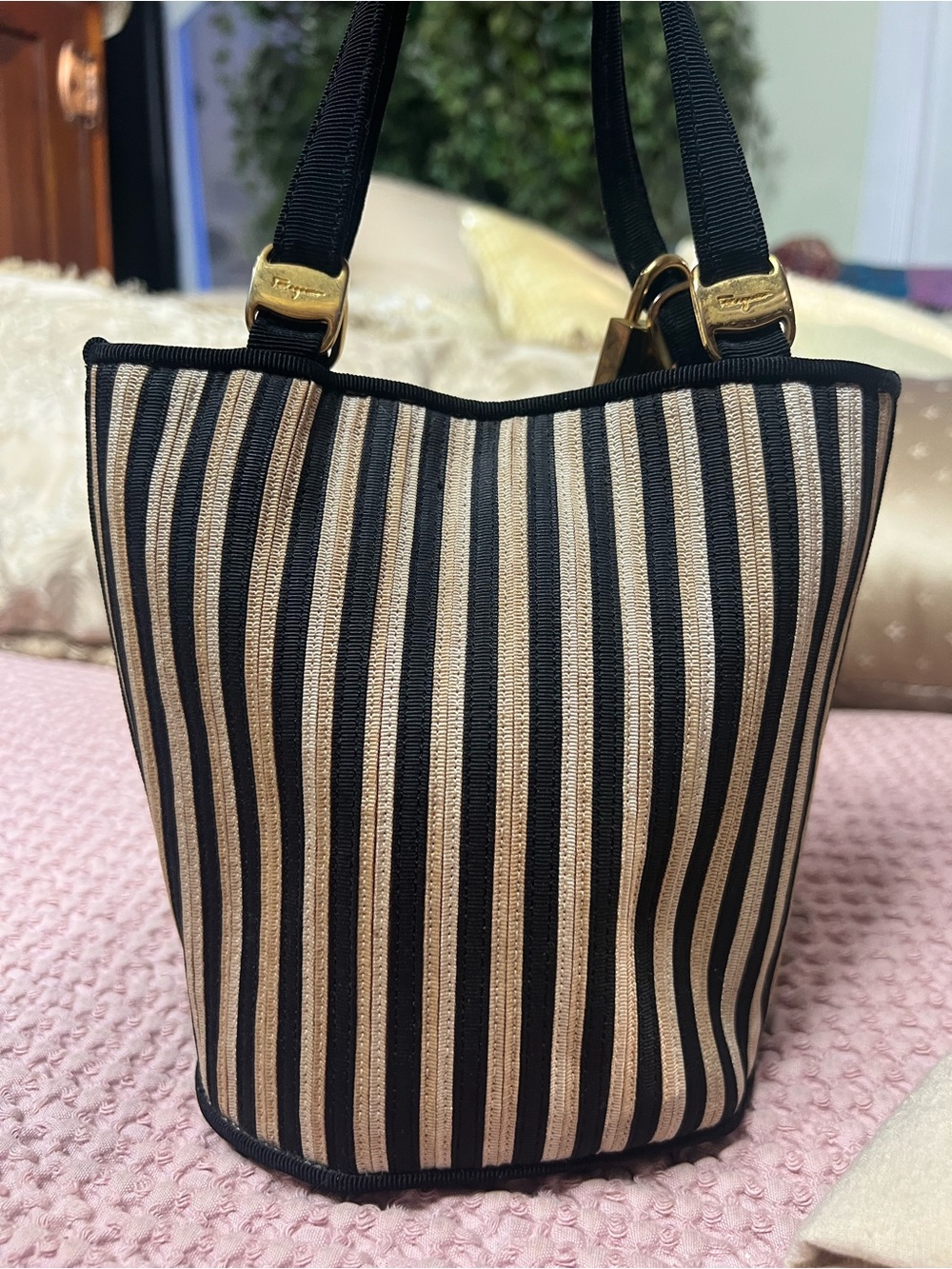 Vintage Salvatore Ferragamo 2-Way Striped Canvas Mini Bucket Bag - BC216184 - Picture 3 of 13